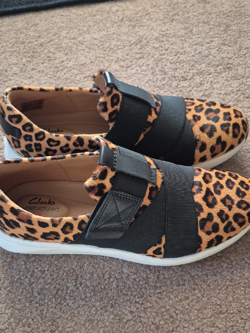 Clarks Leopard Print Slip-On Sneakers with Black Straps